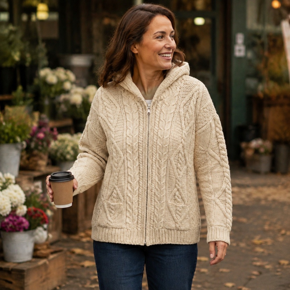 Vintage 60s 70s Hand Knit Wool Aran Fisherman Hooded Zip Cardigan Cream Womens L
